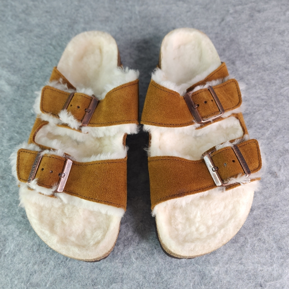 Birkenstock Arizona Shearling-Lined Sandals Mink Suede Natural Shearling 41 10 8 - Picture 3 of 8